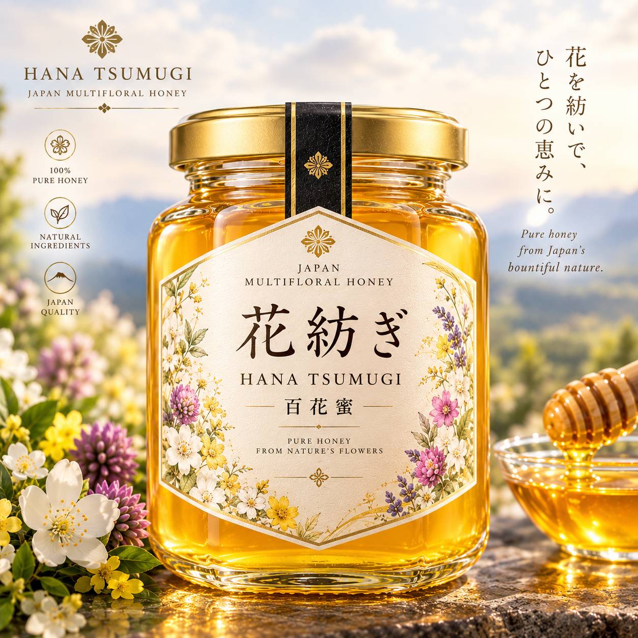 Hana Tsumugi honey in a golden-lidded glass jar with a delicate floral Japanese label, surrounded by flowers and mountain scenery